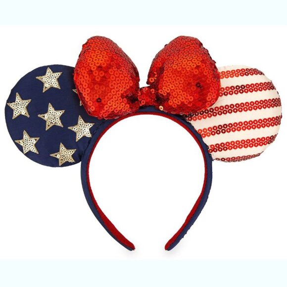 Disney Minnie Mouse Ears Americana Headband Sequins Bow Patriotic 4th of July - Picture 1 of 6